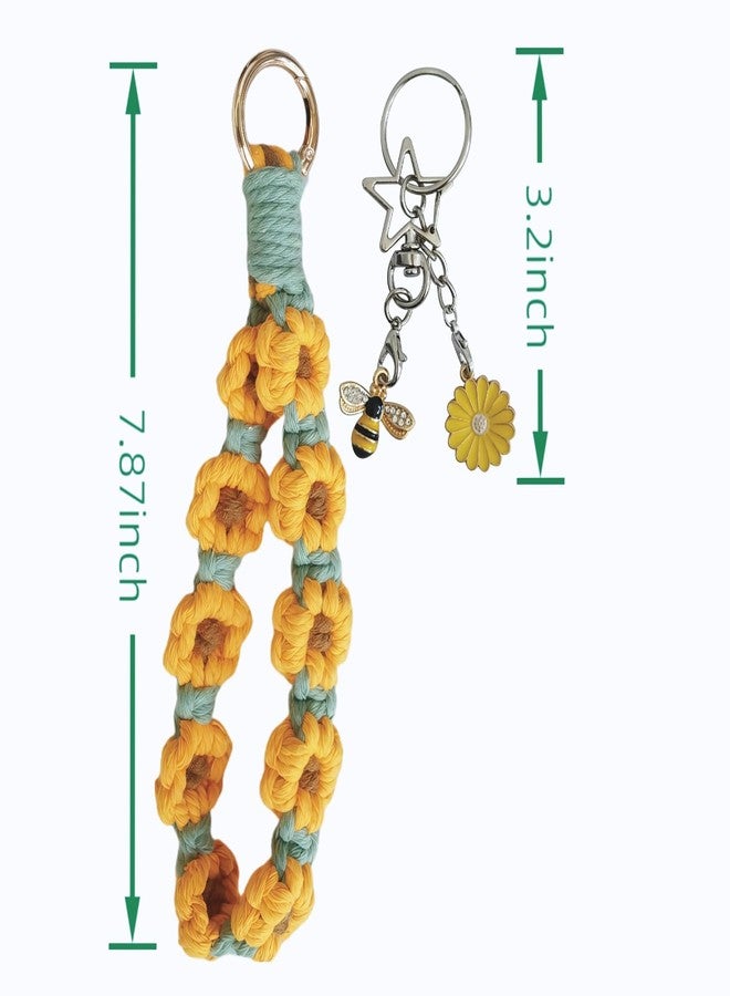 FAUDRECRO Wristlet Flower Keychain, Macrame Boho Crochet Keyring, Wrist Lanyard, Cute Bracelet with Daisy Bee Charm, Car Key Holder for Xmas Gift (yellow) - Image 4